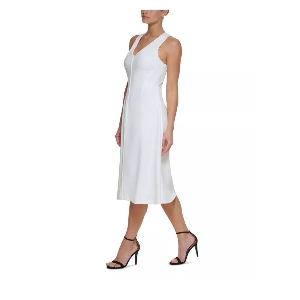 DKNY Womens White Crisscross Back Lined Sleeveless Midi Fit + Flare Dress 12